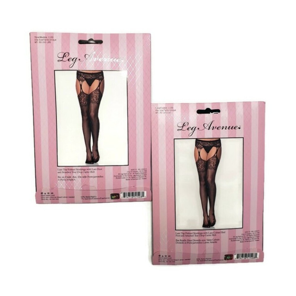 (2) Leg Avenue Lace Top Fishnet Stocking W/ Lace Foot Garter Belt Black One Size - Picture 4 of 5
